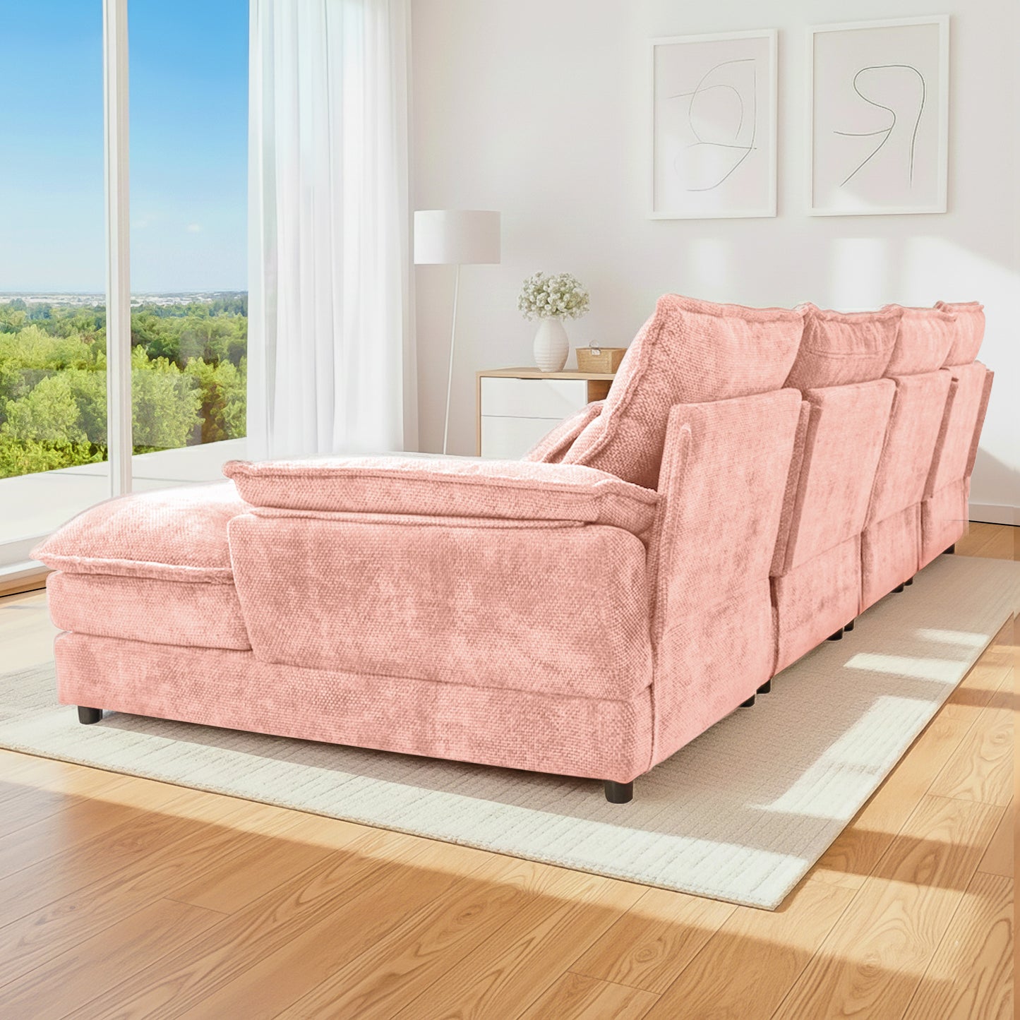U-Shaped Pink Chenille Sectional Sofa with Solid Wood Frame – 4-Seat Modular Living Room Couch