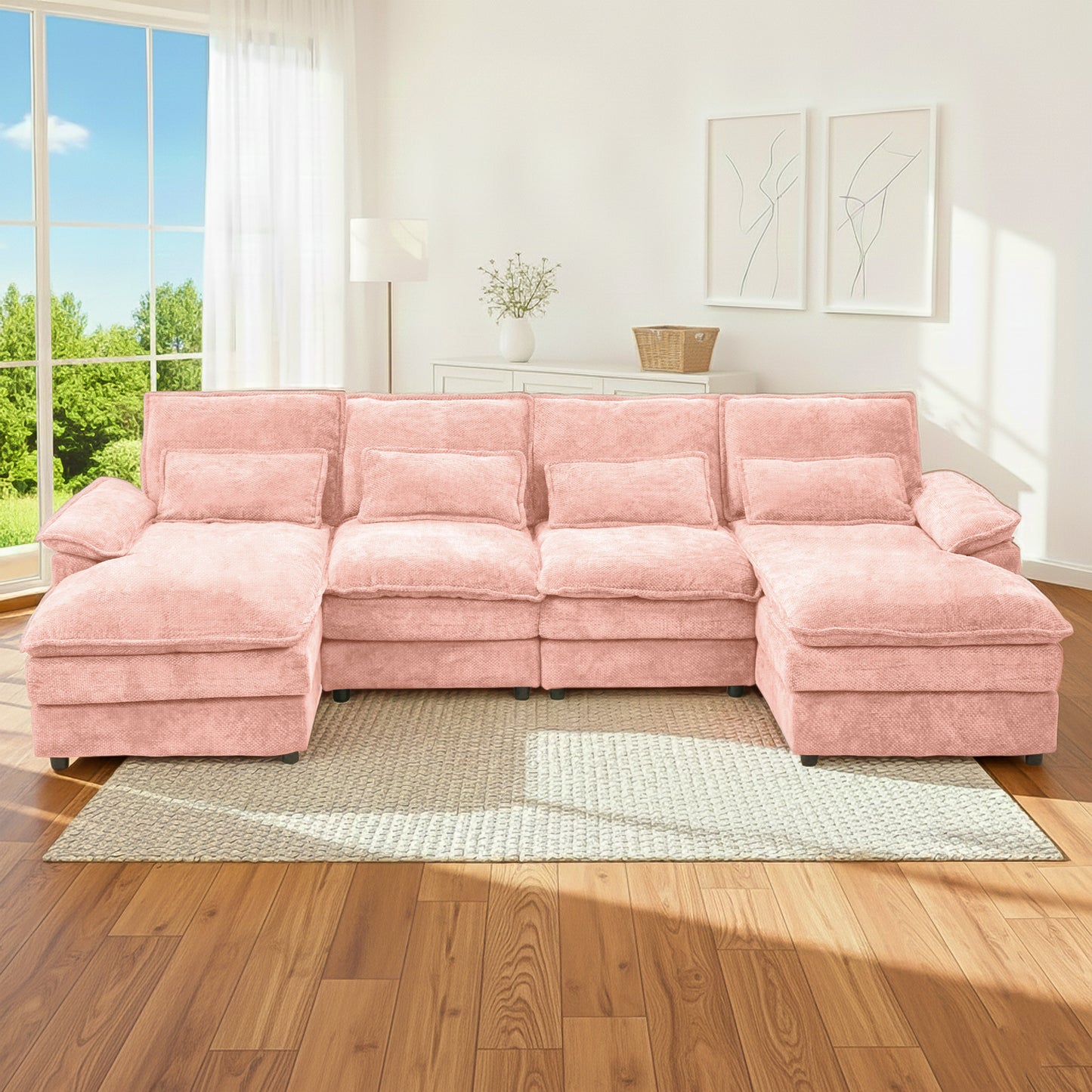 U-Shaped Pink Chenille Sectional Sofa with Solid Wood Frame – 4-Seat Modular Living Room Couch