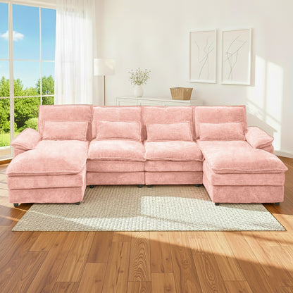 U-Shaped Pink Chenille Sectional Sofa with Solid Wood Frame – 4-Seat Modular Living Room Couch
