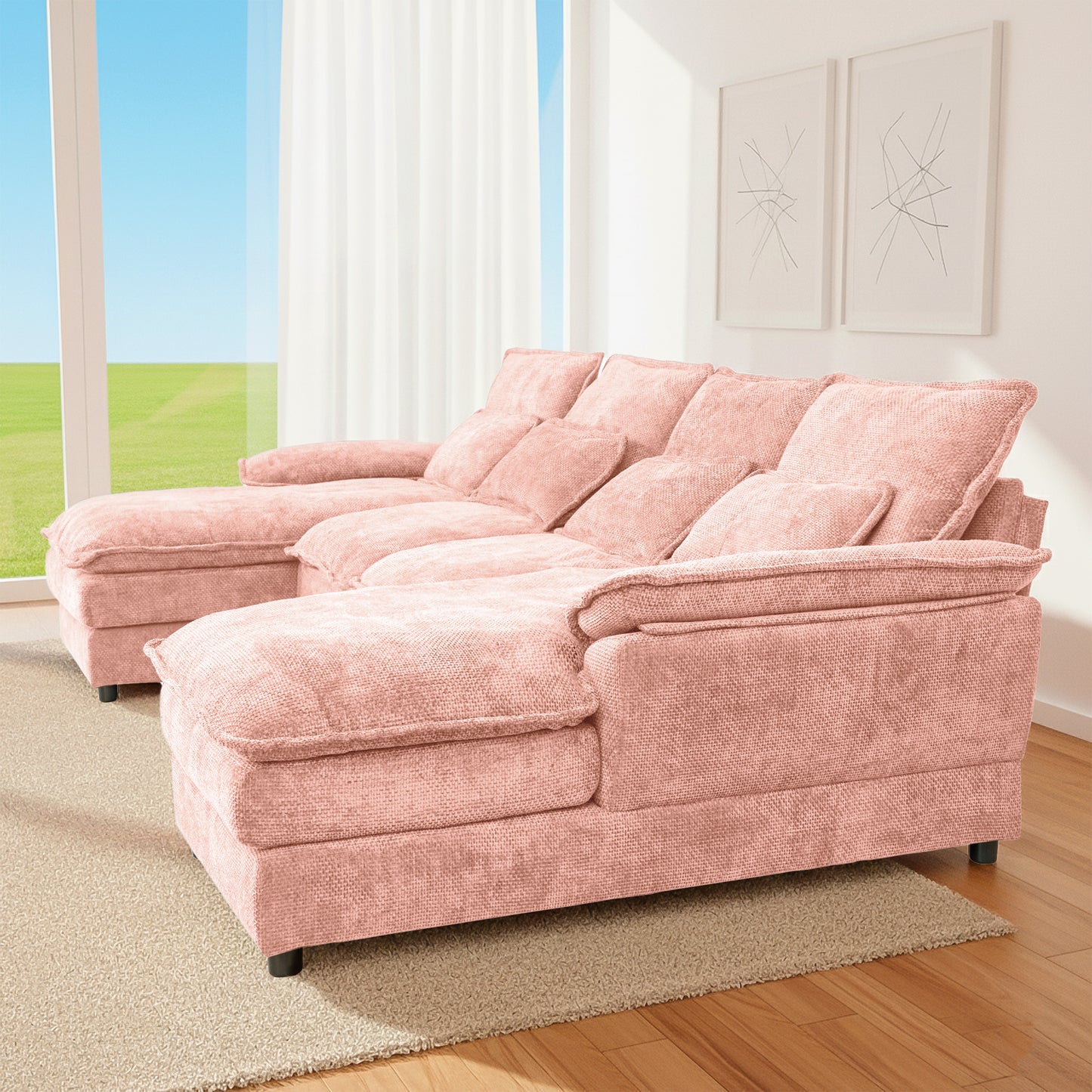 U-Shaped Pink Chenille Sectional Sofa with Solid Wood Frame – 4-Seat Modular Living Room Couch