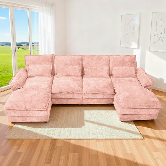 U-Shaped Pink Chenille Sectional Sofa with Solid Wood Frame – 4-Seat Modular Living Room Couch