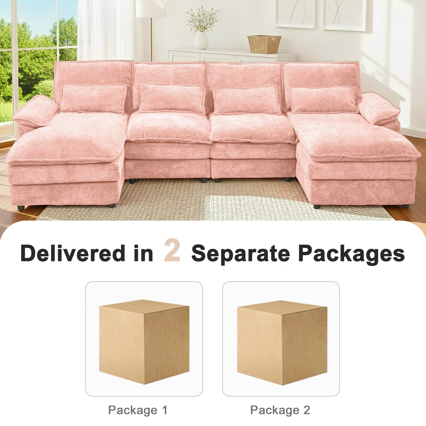U-Shaped Pink Chenille Sectional Sofa with Solid Wood Frame – 4-Seat Modular Living Room Couch