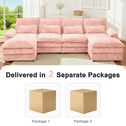 U-Shaped Pink Chenille Sectional Sofa with Solid Wood Frame – 4-Seat Modular Living Room Couch
