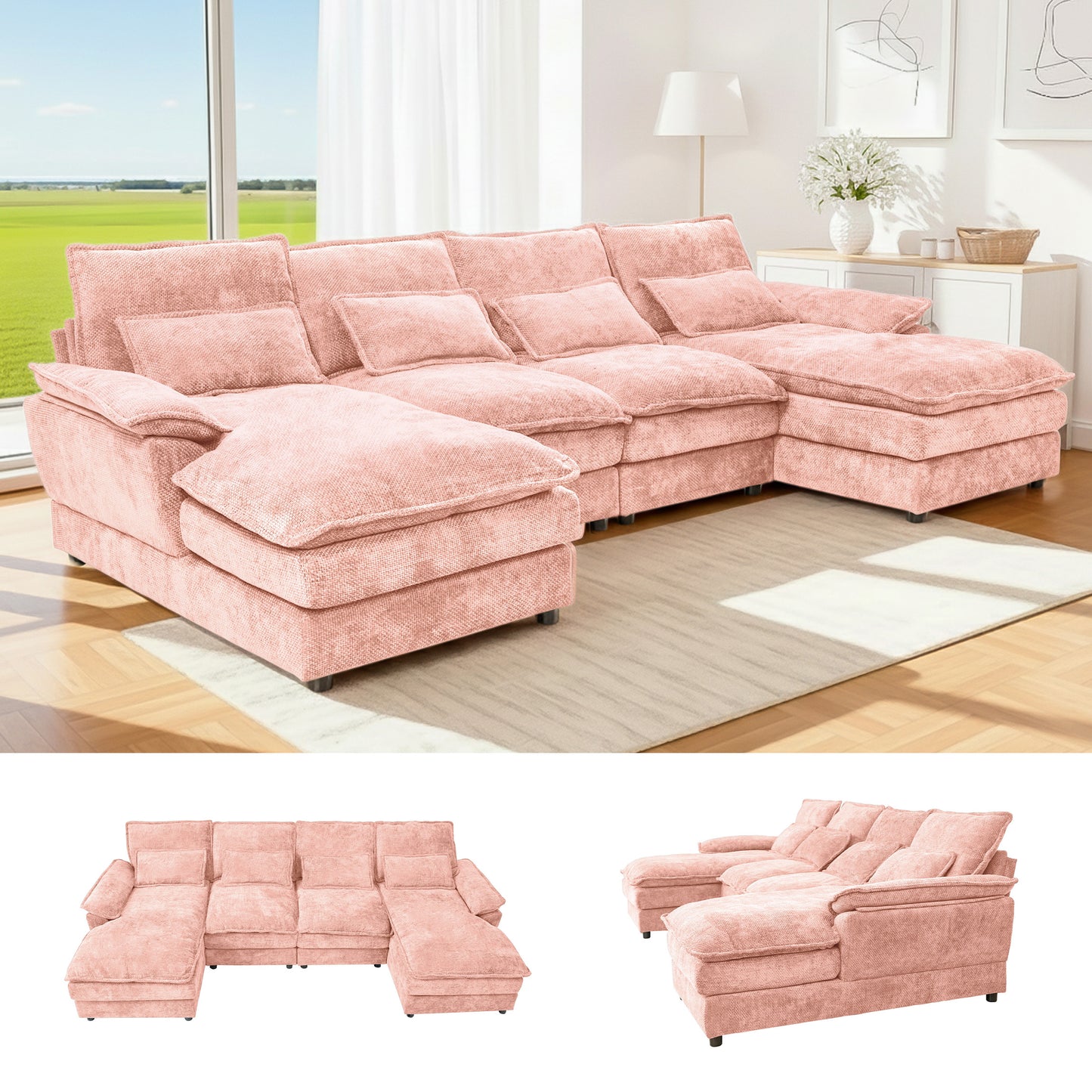 U-Shaped Pink Chenille Sectional Sofa with Solid Wood Frame – 4-Seat Modular Living Room Couch