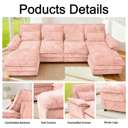U-Shaped Pink Chenille Sectional Sofa with Solid Wood Frame – 4-Seat Modular Living Room Couch