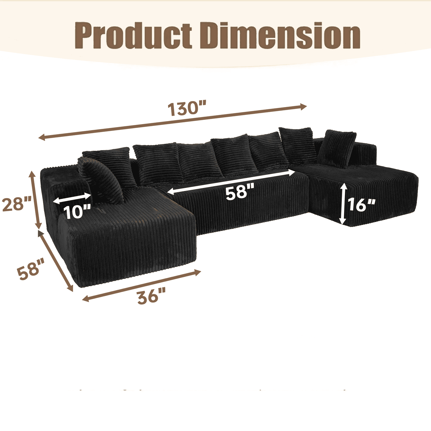 U-Shaped Modular Sectional Sofa in Black Polyester - 6-Seat Indoor Lounge with Ergonomic Foam