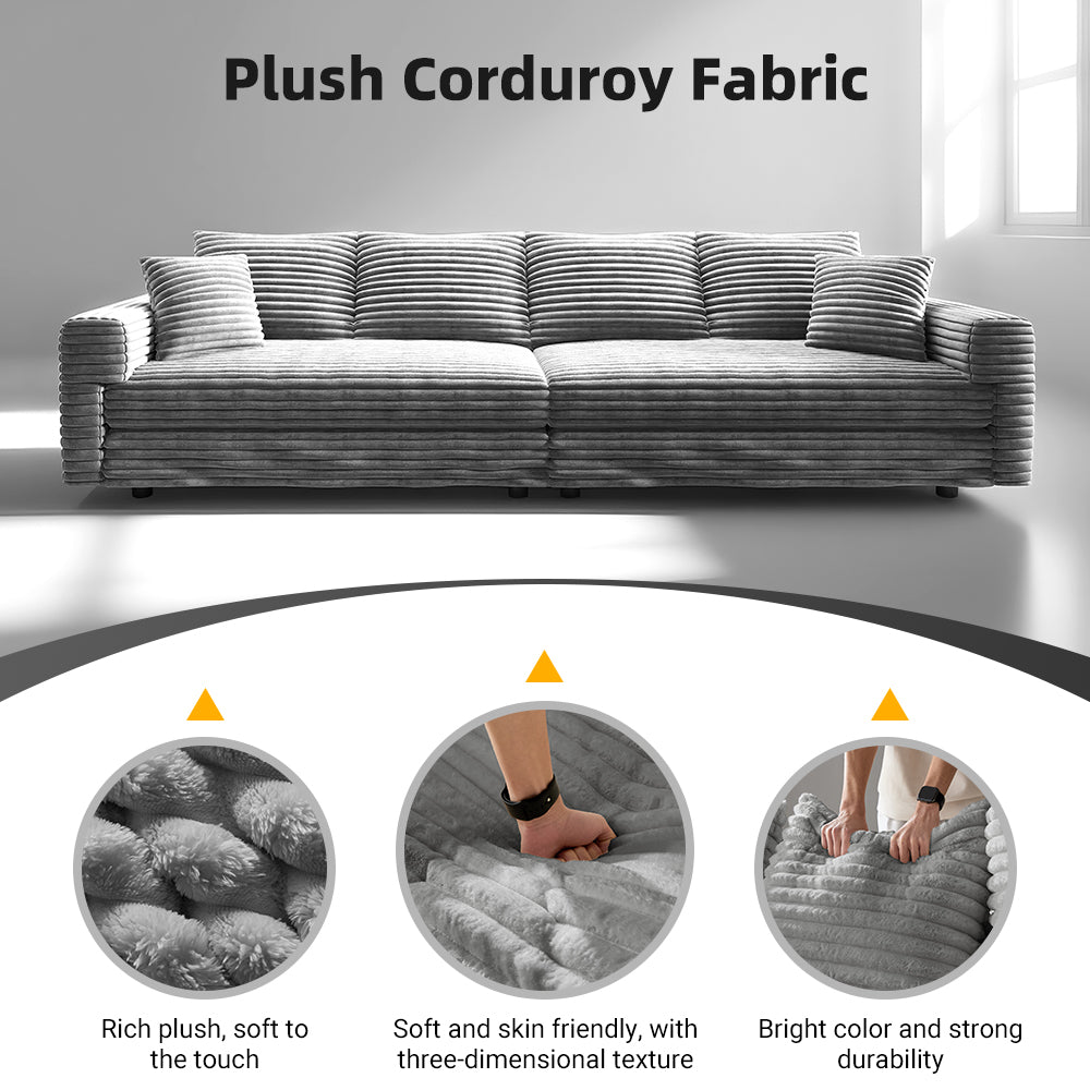 102.4" Plush Corduroy 4-Seater Sofa, Deep Seat Cloud Couch with Pillows