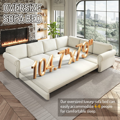 L-Shaped Chenille Sectional Sofa with Pull-Out Bed & Rolled Arm