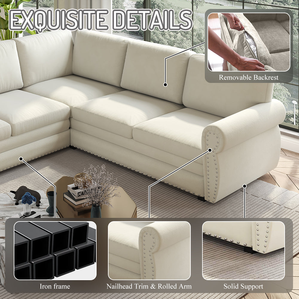 L-Shaped Chenille Sectional Sofa with Pull-Out Bed & Rolled Arm