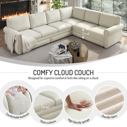 L-Shaped Chenille Sectional Sofa with Pull-Out Bed & Rolled Arm