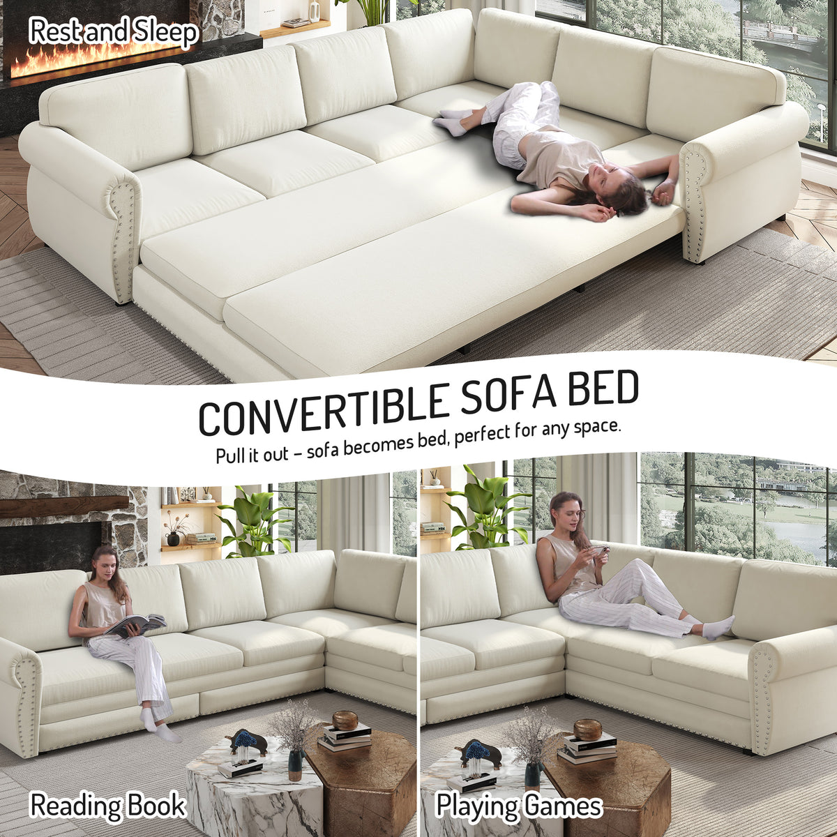 L-Shaped Chenille Sectional Sofa with Pull-Out Bed & Rolled Arm