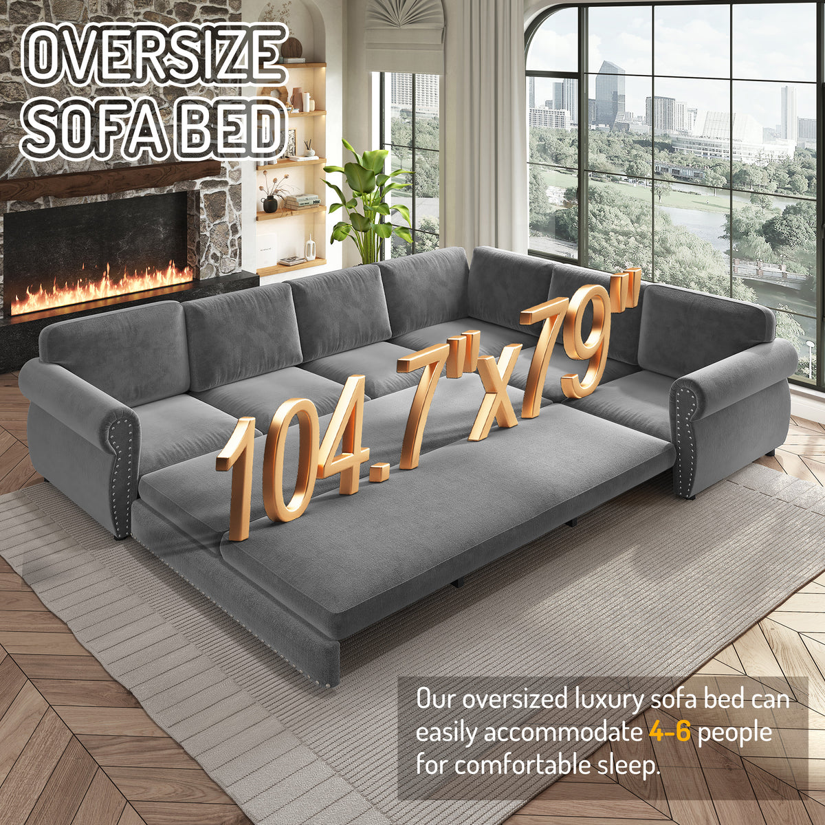L-Shaped Chenille Sectional Sofa with Pull-Out Bed & Rolled Arm