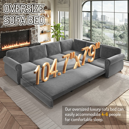 L-Shaped Chenille Sectional Sofa with Pull-Out Bed & Rolled Arm