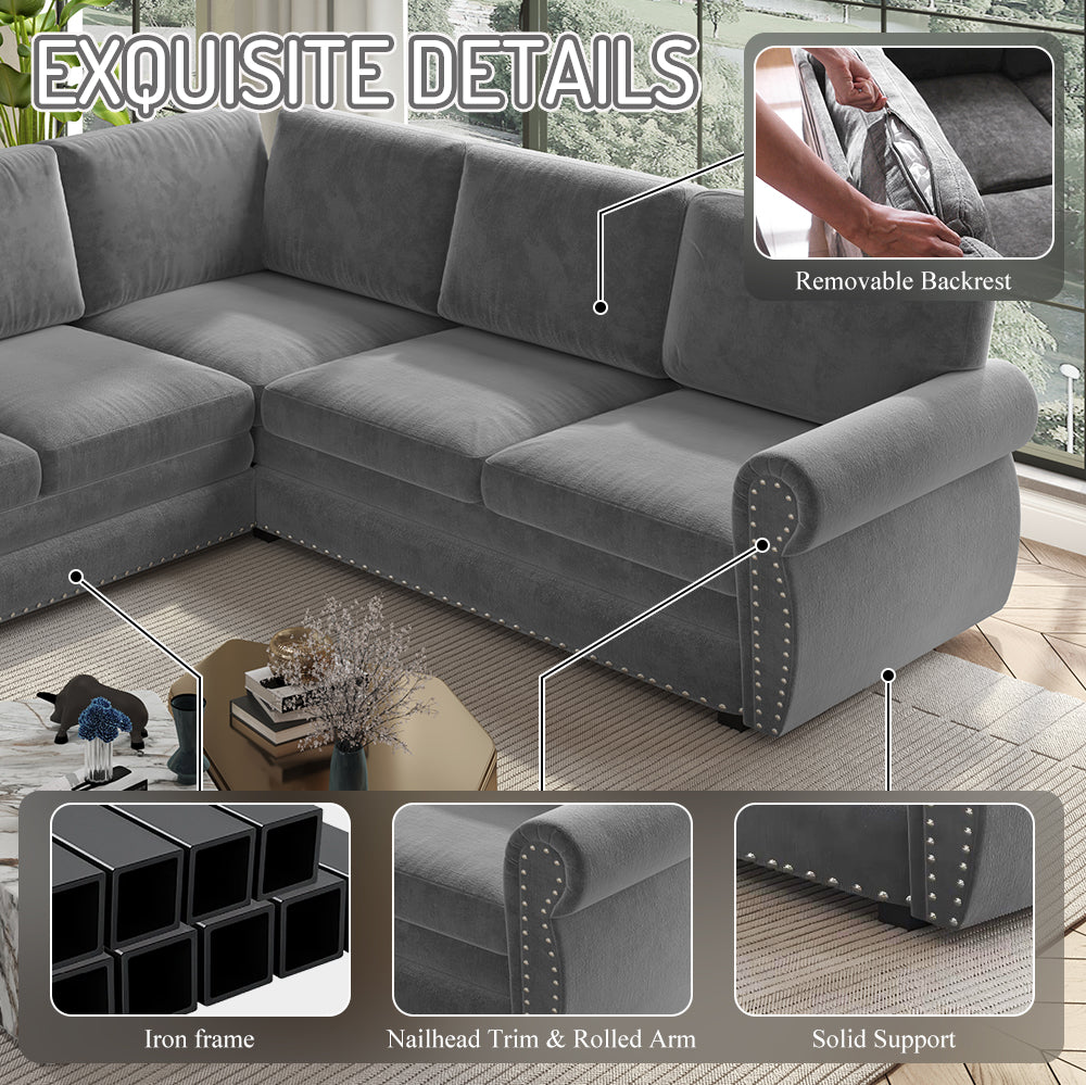 L-Shaped Chenille Sectional Sofa with Pull-Out Bed & Rolled Arm