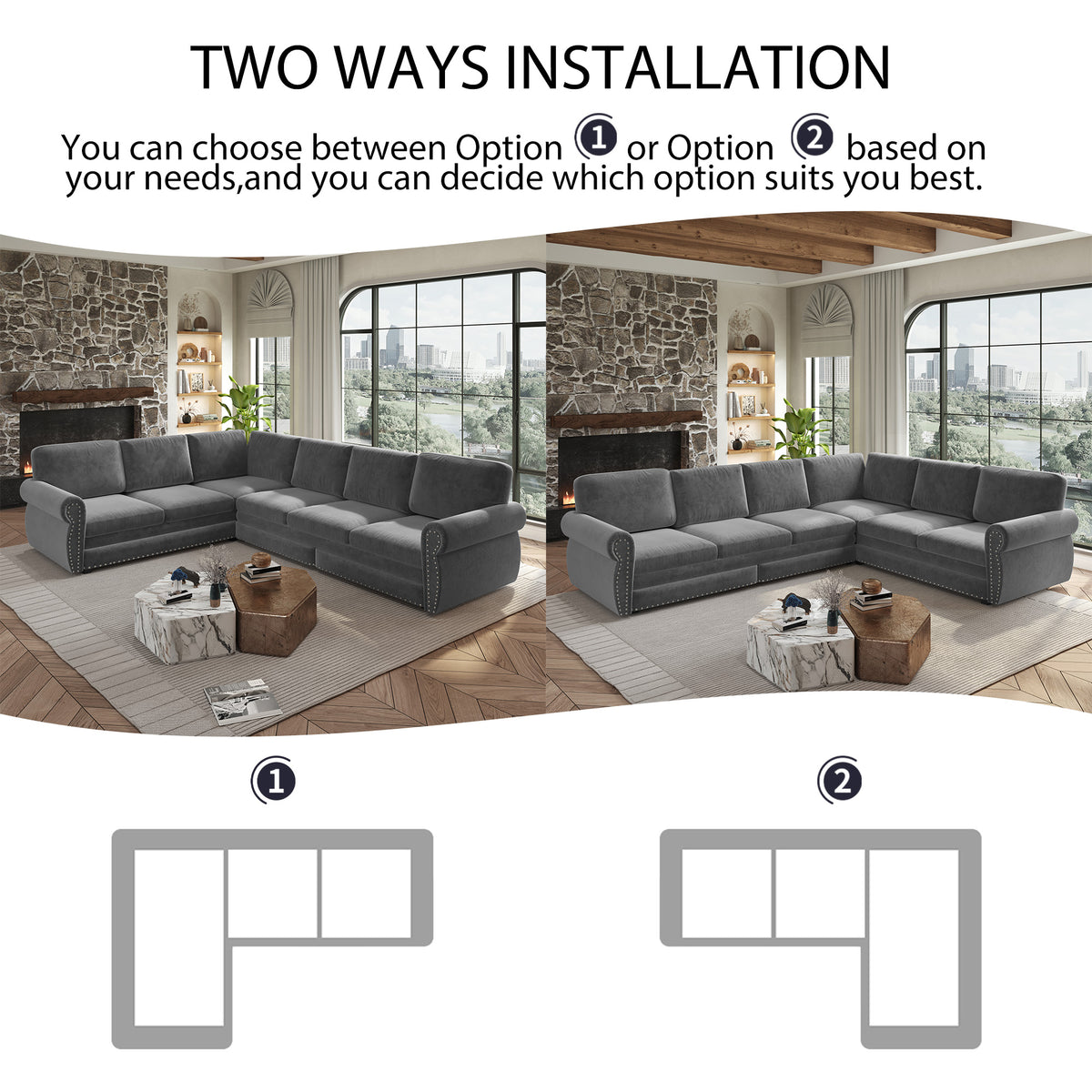 L-Shaped Chenille Sectional Sofa with Pull-Out Bed & Rolled Arm