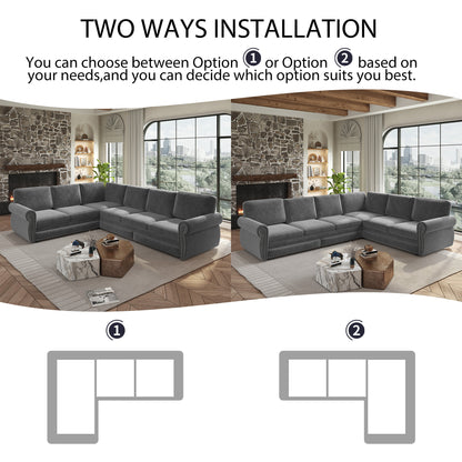 L-Shaped Chenille Sectional Sofa with Pull-Out Bed & Rolled Arm