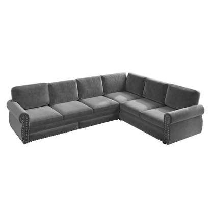 L-Shaped Chenille Sectional Sofa with Pull-Out Bed & Rolled Arm