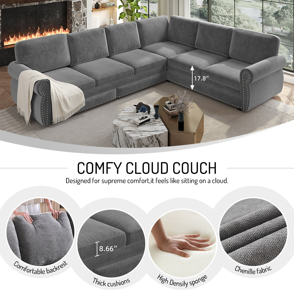L-Shaped Chenille Sectional Sofa with Pull-Out Bed & Rolled Arm