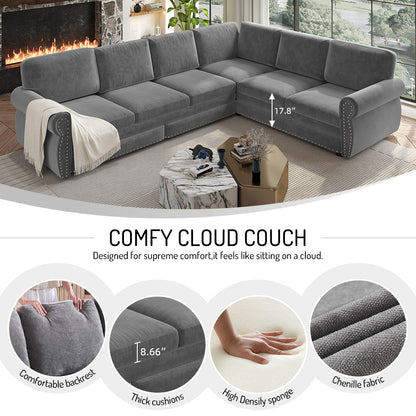 L-Shaped Chenille Sectional Sofa with Pull-Out Bed & Rolled Arm