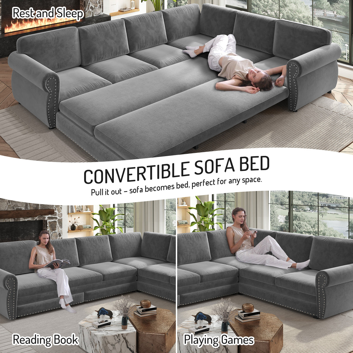 L-Shaped Chenille Sectional Sofa with Pull-Out Bed & Rolled Arm