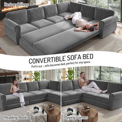 L-Shaped Chenille Sectional Sofa with Pull-Out Bed & Rolled Arm