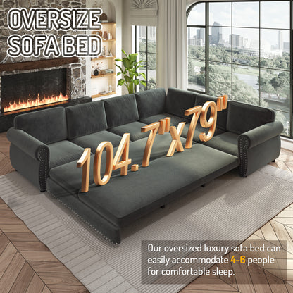L-Shaped Chenille Sectional Sofa with Pull-Out Bed & Rolled Arm