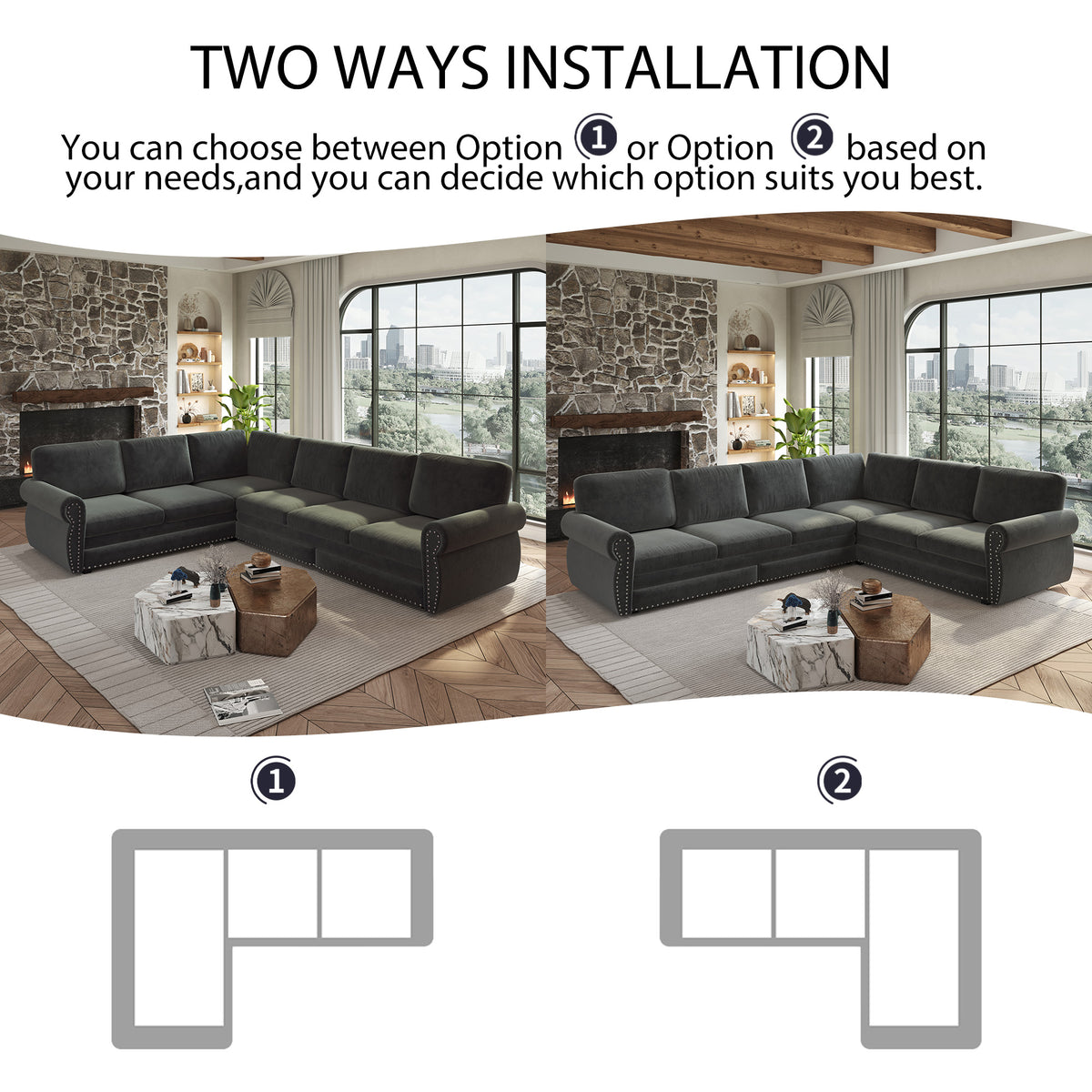 L-Shaped Chenille Sectional Sofa with Pull-Out Bed & Rolled Arm