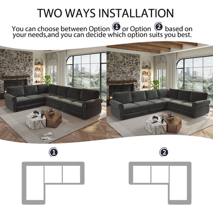 L-Shaped Chenille Sectional Sofa with Pull-Out Bed & Rolled Arm