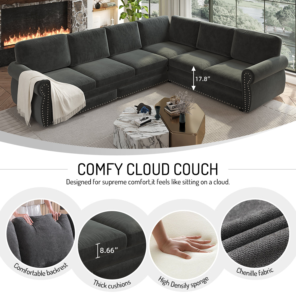 L-Shaped Chenille Sectional Sofa with Pull-Out Bed & Rolled Arm