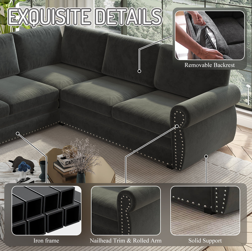 L-Shaped Chenille Sectional Sofa with Pull-Out Bed & Rolled Arm