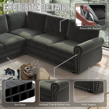 L-Shaped Chenille Sectional Sofa with Pull-Out Bed & Rolled Arm