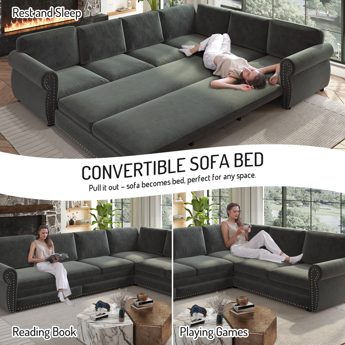 L-Shaped Chenille Sectional Sofa with Pull-Out Bed & Rolled Arm