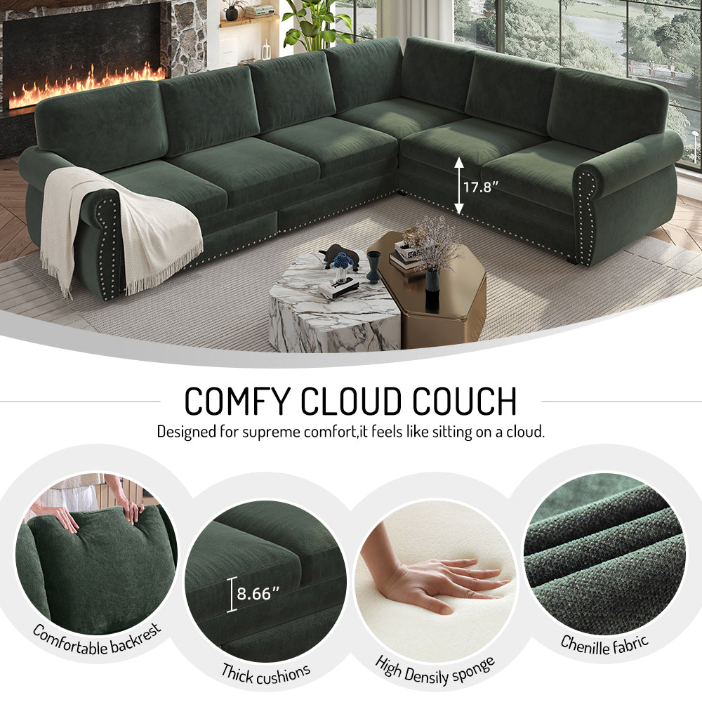 118" Oversized Convertible Sleeper Sofa with Nailhead Trim, L-Shaped Couch