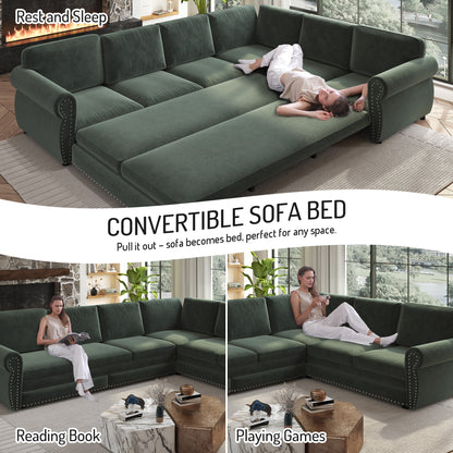 118" Oversized Convertible Sleeper Sofa with Nailhead Trim, L-Shaped Couch