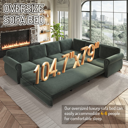 118" Oversized Convertible Sleeper Sofa with Nailhead Trim, L-Shaped Couch