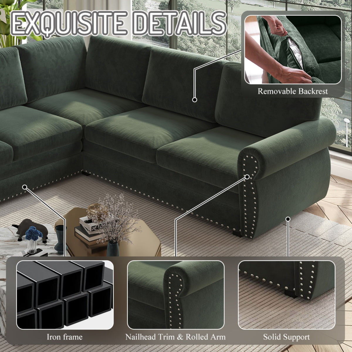 118" Oversized Convertible Sleeper Sofa with Nailhead Trim, L-Shaped Couch