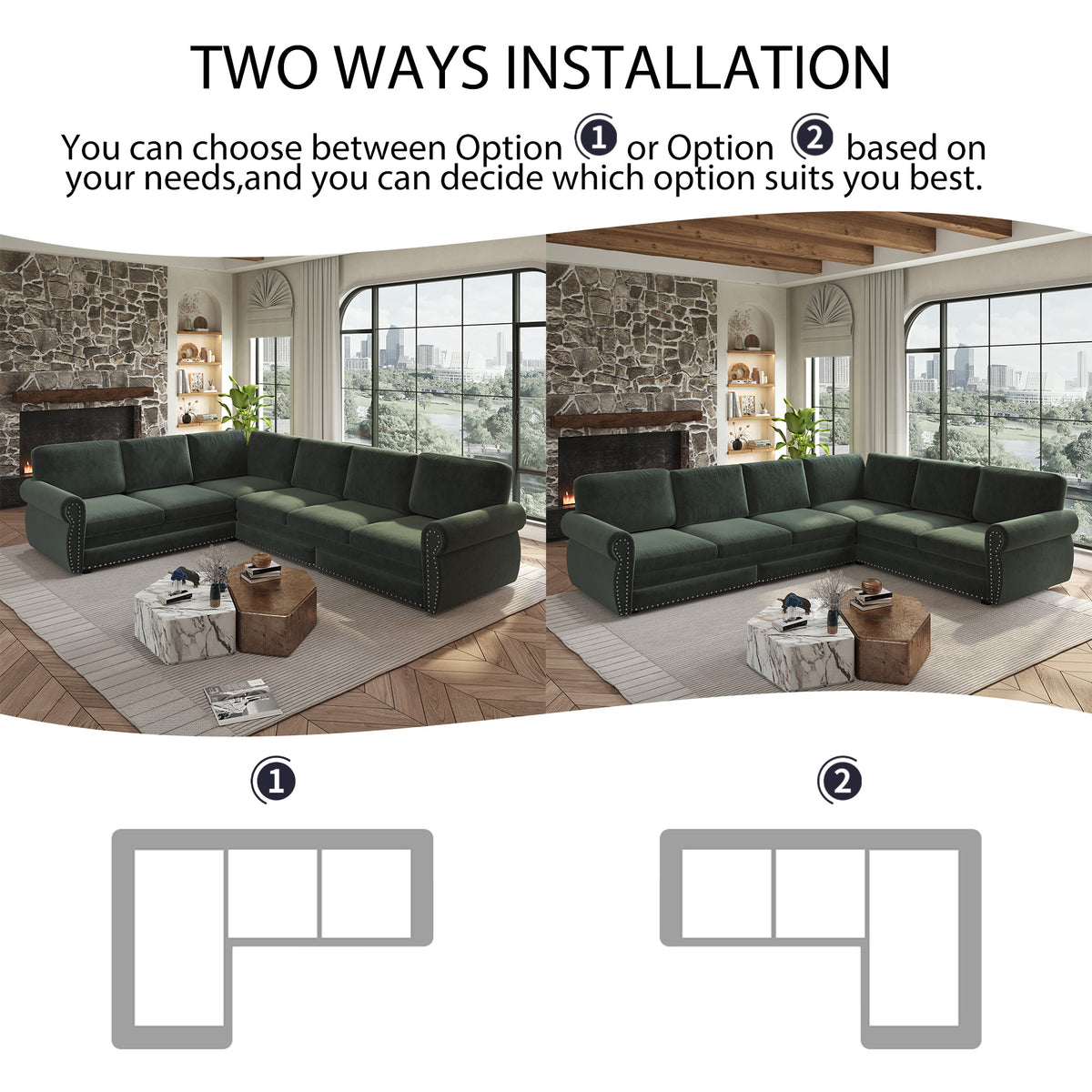 118" Oversized Convertible Sleeper Sofa with Nailhead Trim, L-Shaped Couch