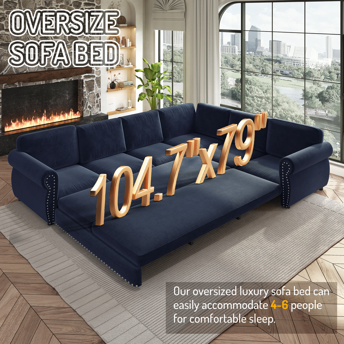 118" Oversized Convertible Sleeper Sofa with Nailhead Trim, L-Shaped Couch