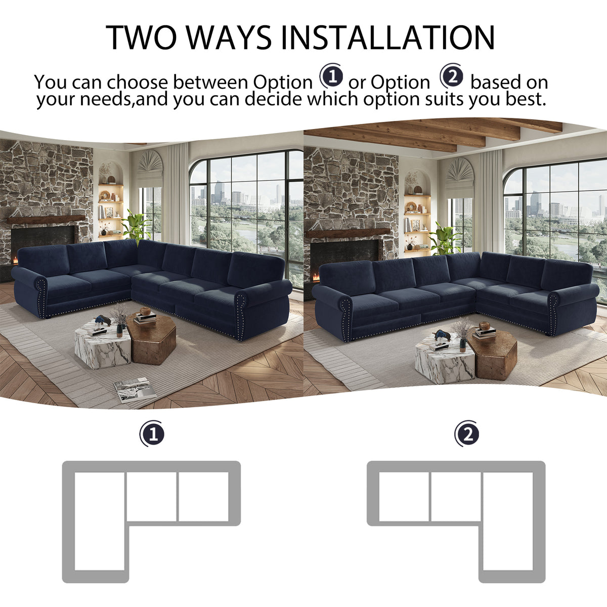 118" Oversized Convertible Sleeper Sofa with Nailhead Trim, L-Shaped Couch