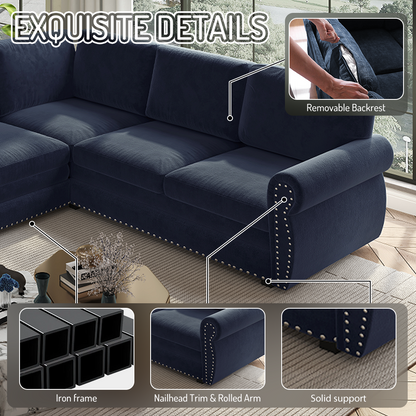 118" Oversized Convertible Sleeper Sofa with Nailhead Trim, L-Shaped Couch