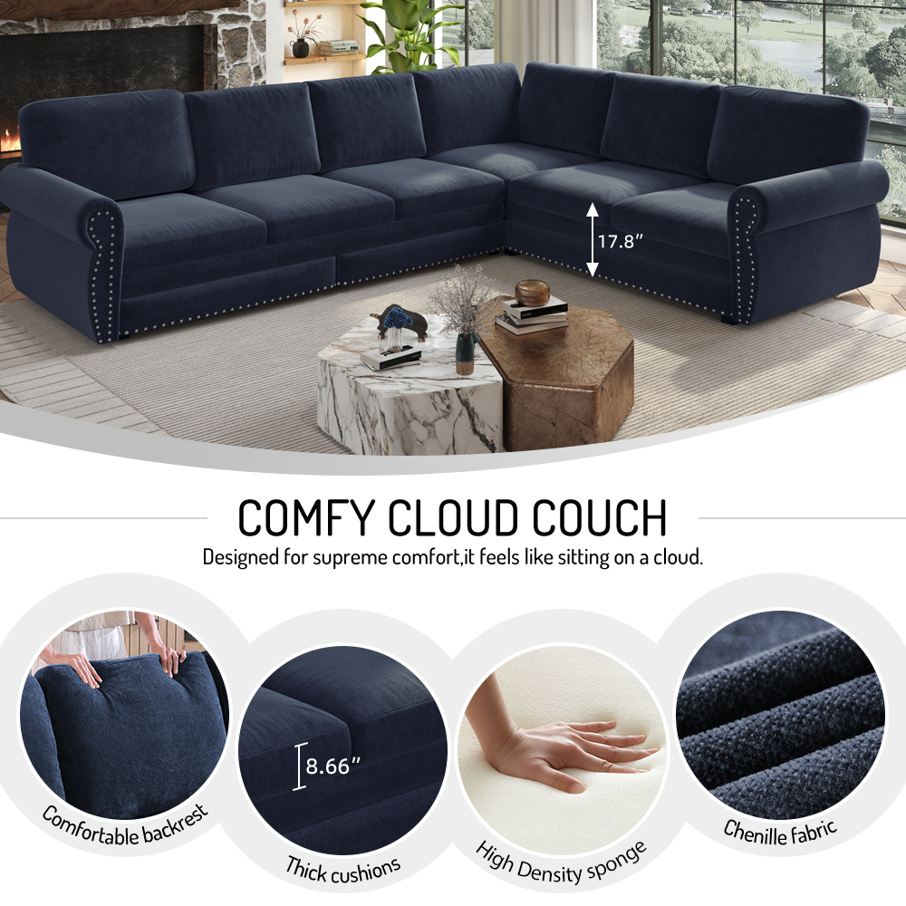 118" Oversized Convertible Sleeper Sofa with Nailhead Trim, L-Shaped Couch