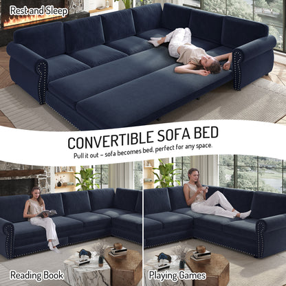 118" Oversized Convertible Sleeper Sofa with Nailhead Trim, L-Shaped Couch
