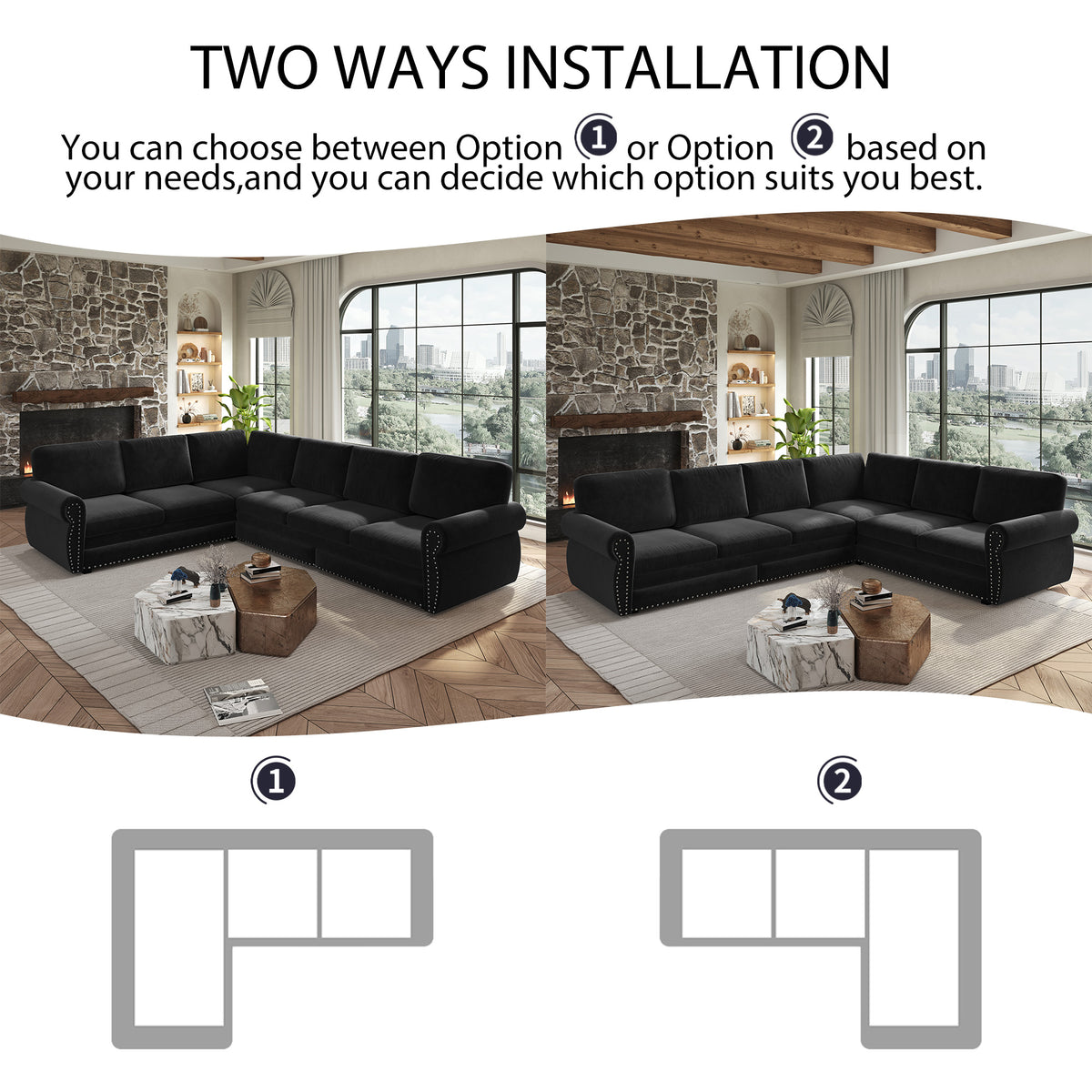 118" Oversized Convertible Sleeper Sofa with Nailhead Trim, L-Shaped Couch