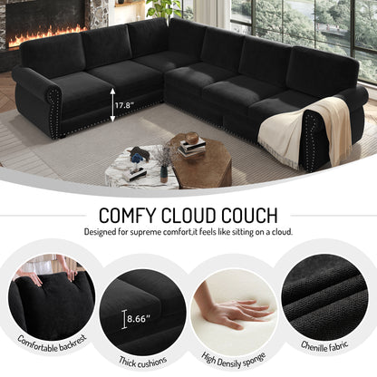118" Oversized Convertible Sleeper Sofa with Nailhead Trim, L-Shaped Couch