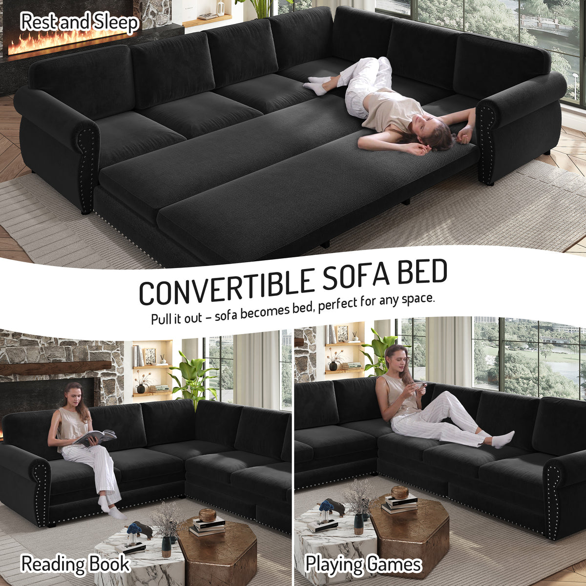 118" Oversized Convertible Sleeper Sofa with Nailhead Trim, L-Shaped Couch
