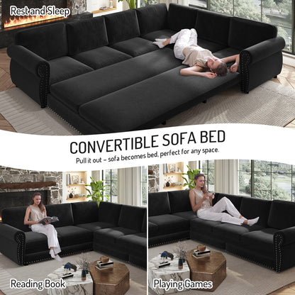 118" Oversized Convertible Sleeper Sofa with Nailhead Trim, L-Shaped Couch