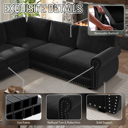 118" Oversized Convertible Sleeper Sofa with Nailhead Trim, L-Shaped Couch