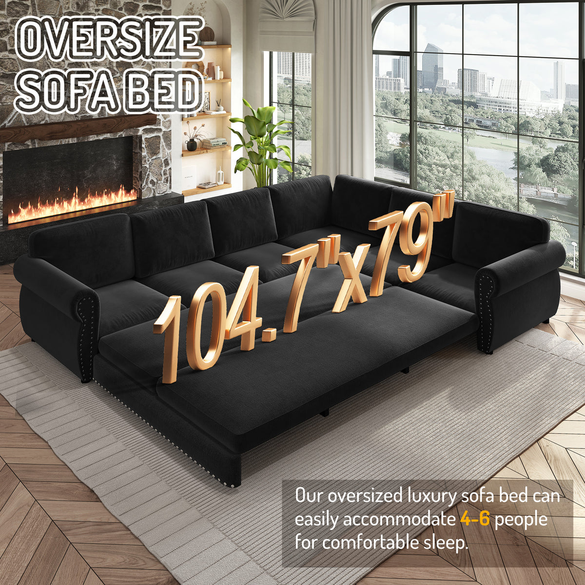 118" Oversized Convertible Sleeper Sofa with Nailhead Trim, L-Shaped Couch