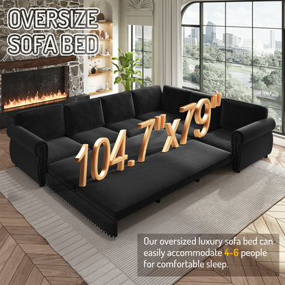 118" Oversized Convertible Sleeper Sofa with Nailhead Trim, L-Shaped Couch