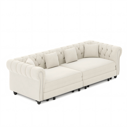 89" 3-Seater Velvet Chesterfield Sofa Bed with Movable Ottoman